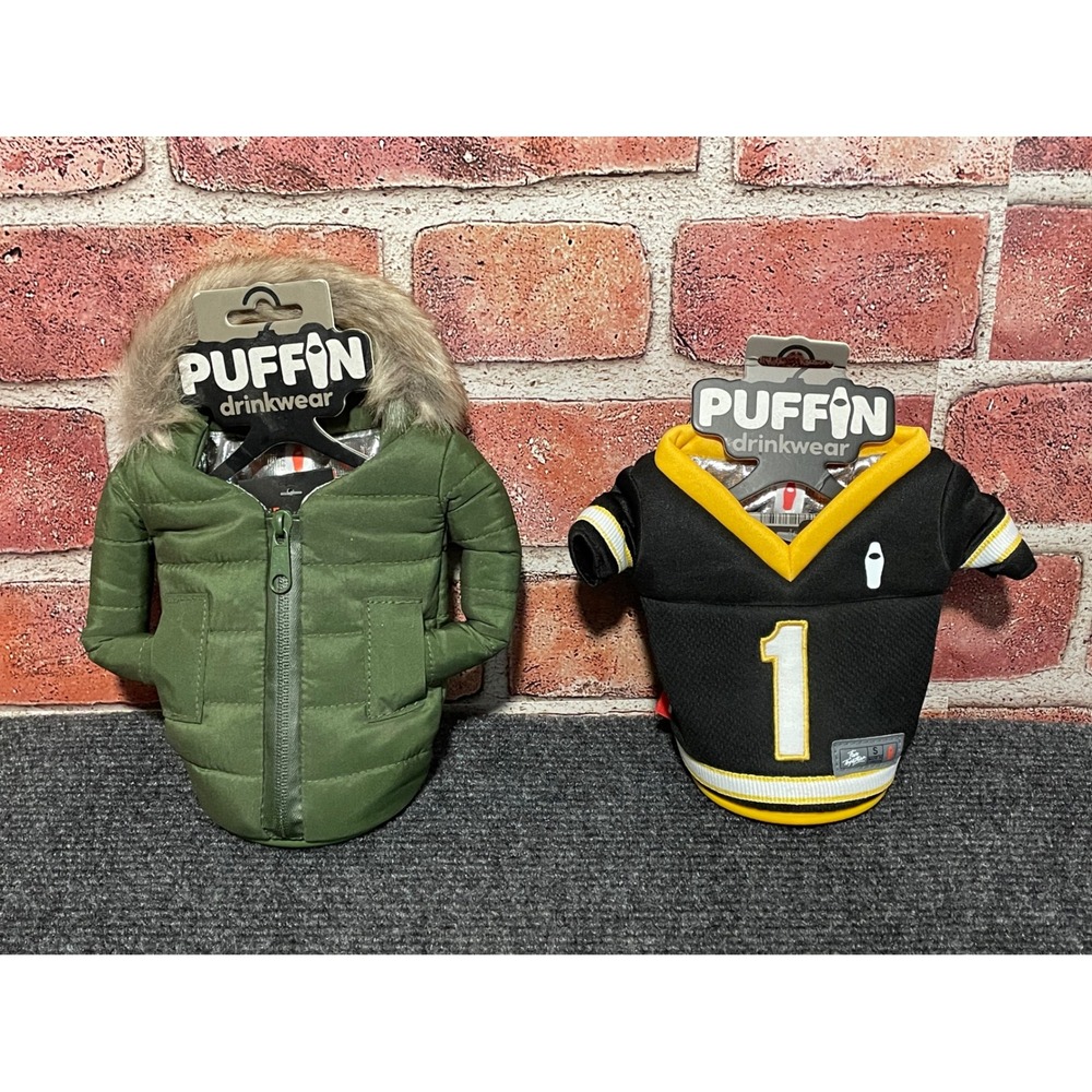 Puffin Drinkwear Beverage Koozie Bundle Green Puffer Jacket and Sports Jersey
